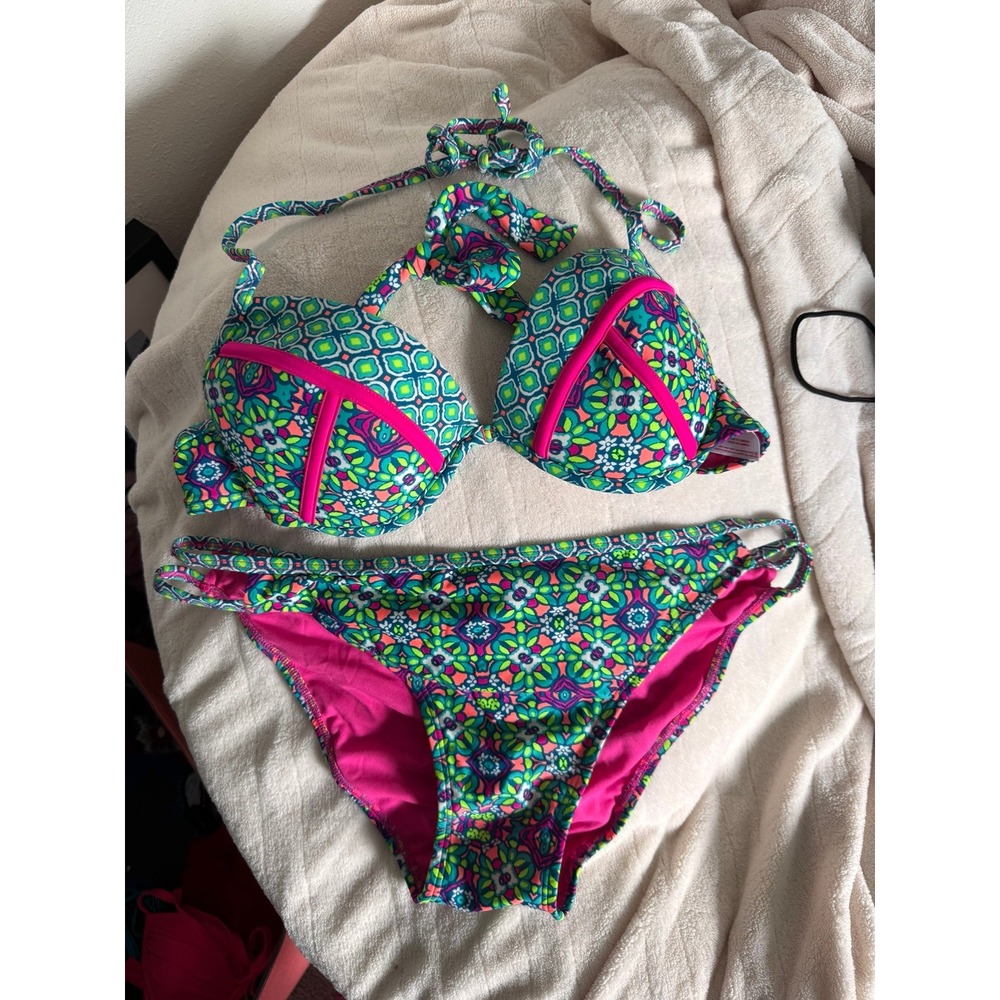 Xhilaration Floral Push-Up Bikini Set Pink Green Blue L Top XL Bottom
